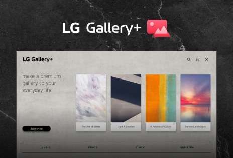 LG Gallery+ interface features a stylish gray background, showcasing a grid of curated artworks and visuals, emphasizing a clean and organized layout for easy browsing.