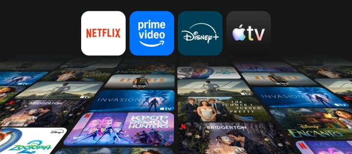 Animated sequence showing logos of Netflix, Prime Video, Disney+, and Apple TV+ floating above a dynamic collage of hit TV shows, highlighting LG Smart TV’s access to global streaming platforms and immersive viewing experience.
