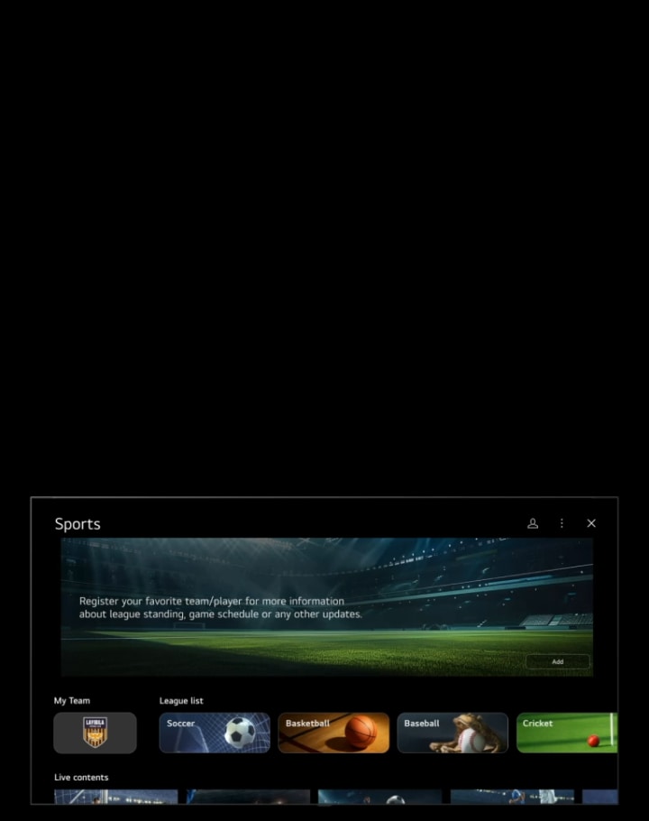 LG TV settings screen showing the Sports Portal interface. The “My Team” section dynamically expands and collapses, followed by smooth scrolling down through various selectable sports channels and content.