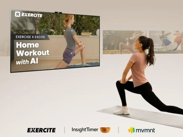 Woman exercising while watching workout videos on LG TV, with various fitness content like yoga and meditation swiping across the screen, showcasing LG TV as a versatile fitness companion.