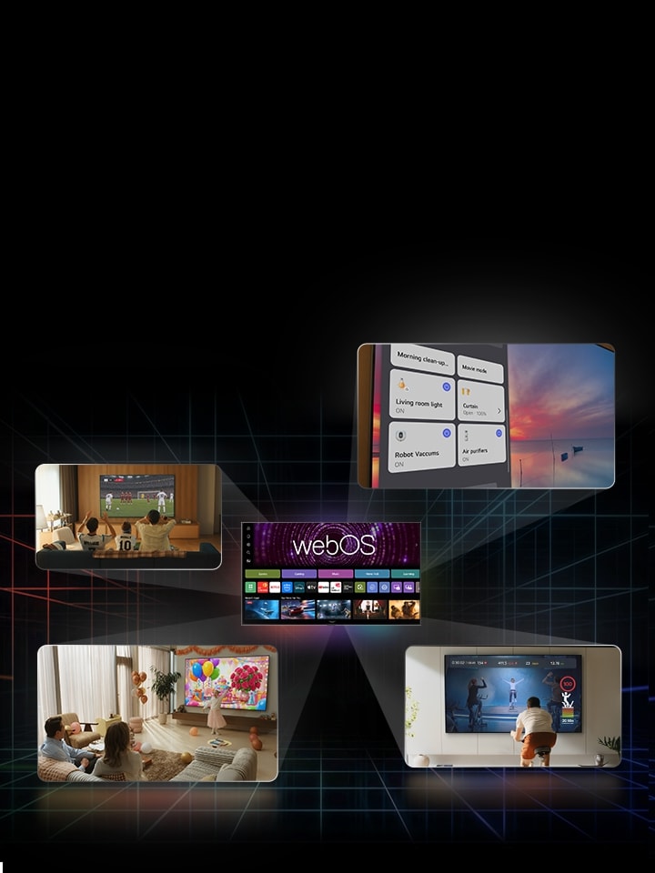 LG AI TV image includes a central webOS main interface with multiple user activities and varied content displayed around it, highlighting its functionality.