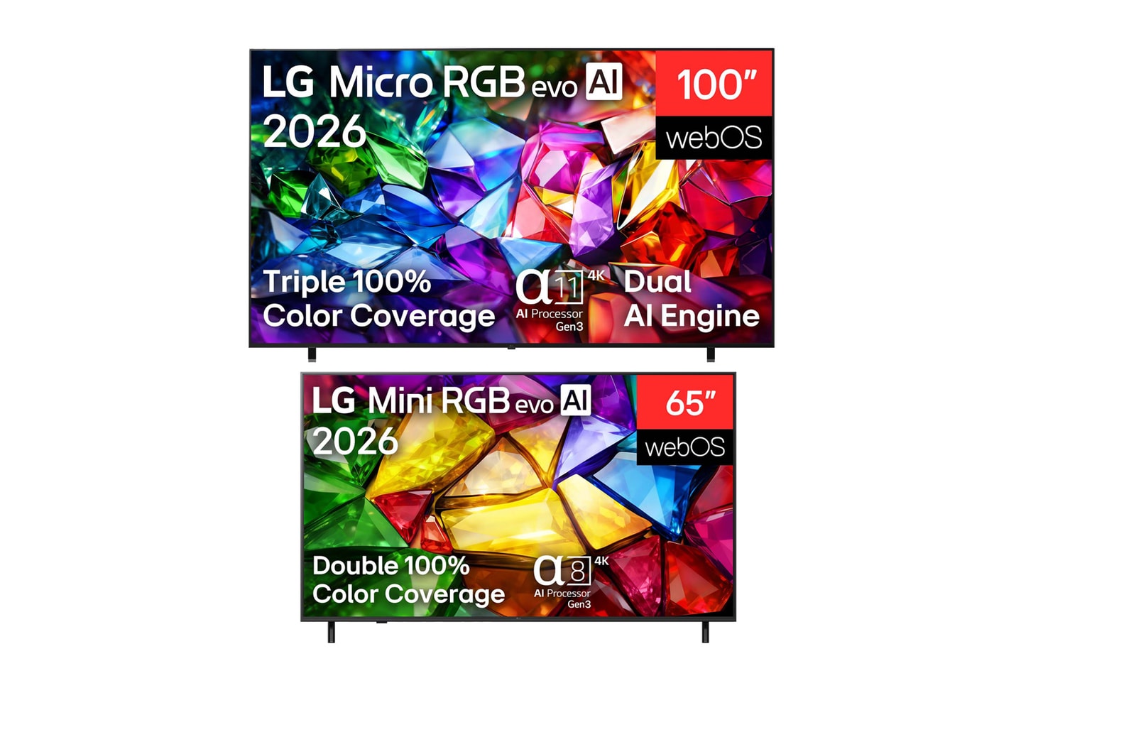 Front view of 100 inch LG Micro RGB evo AI MRGB95 4K Smart TV 2026 + 65 inch LG Mini RGB evo AI MRGB85 4K Smart TV 2026 100MRGB95B6.65MRGB