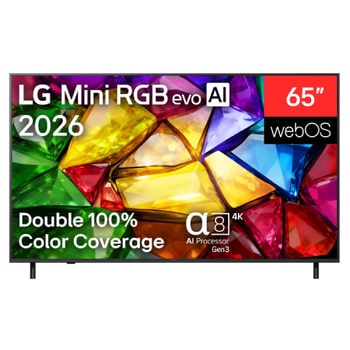 The front view of LG Mini RGB evo AI MRGB85, released in 2026, features a slim black bezel with short feet, while a vivid, crystalline image of sharply defined multicolored facets fills the screen.