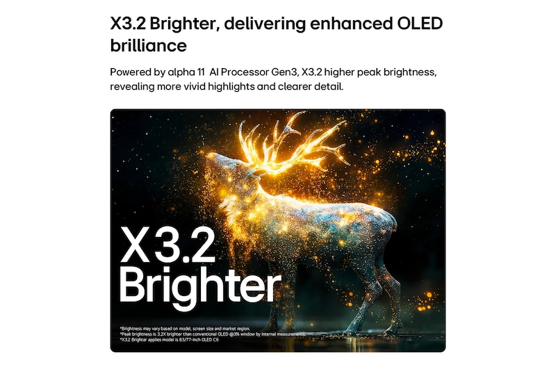 LG OLED evo AI C6 with Brightness Booster Pro shows a dark scene where glowing particles surrounding a deer silhouette, delivering up to 3.2x brighter peak brightness with higher luminance and clearer detail.