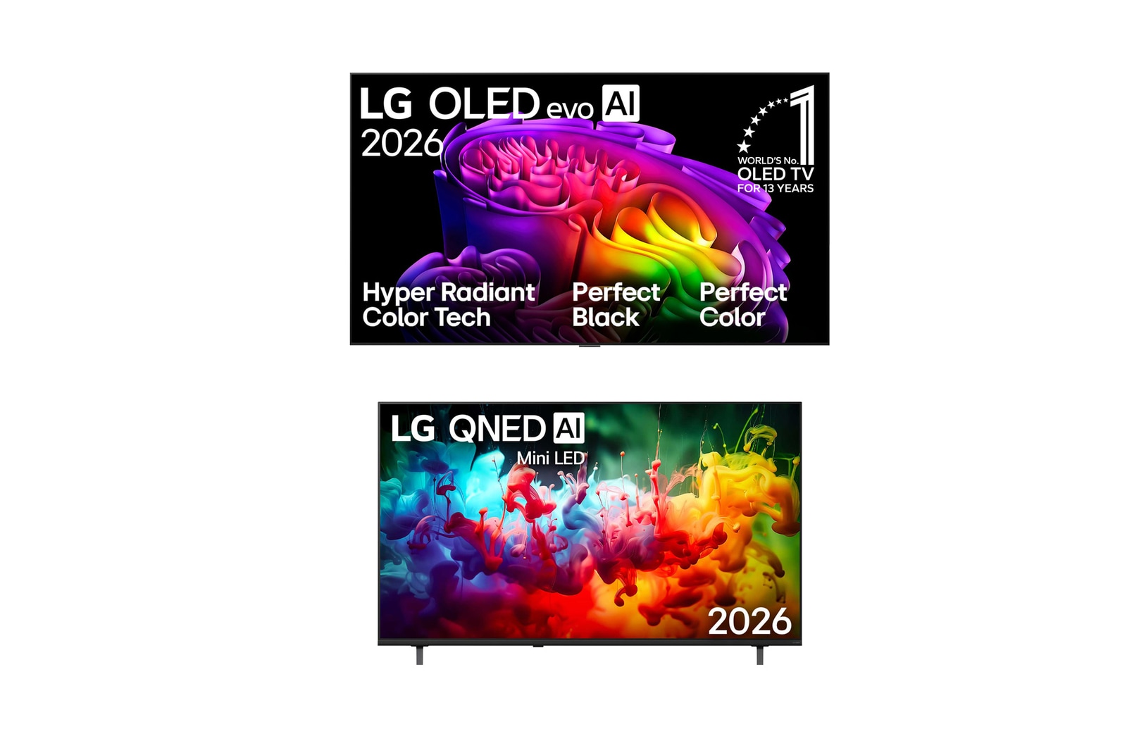 Front view of 83 inch LG OLED evo AI G6 4K Smart TV 2026 + 65 inch LG QNED AI QNED7E Mini LED 4K Smart TV 2026 OLED83G66LW.65QNED