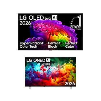 Front view of 83 inch LG OLED evo AI G6 4K Smart TV 2026 + 65 inch LG QNED AI QNED7E Mini LED 4K Smart TV 2026 OLED83G66LW.65QNED