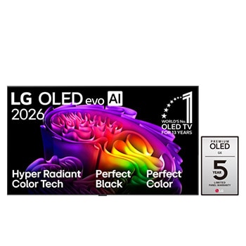 Front view of 65 inch LG OLED evo AI G6 4K Smart TV 2026 OLED65G66LW