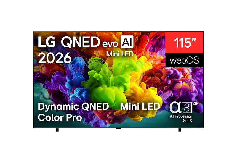 Front view of 115 inch LG QNED evo AI QNED93 Mini LED 4K Smart TV 2026 115QNED93B6