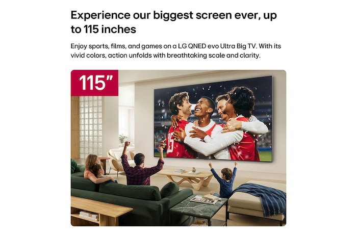 LG QNED evo AI QNED90 Mini LED 115-inch Ultra Big TV is wall-mounted in a living room, presenting a stadium sports celebration with vivid colors and refined picture quality on a wide screen as a family cheers together.