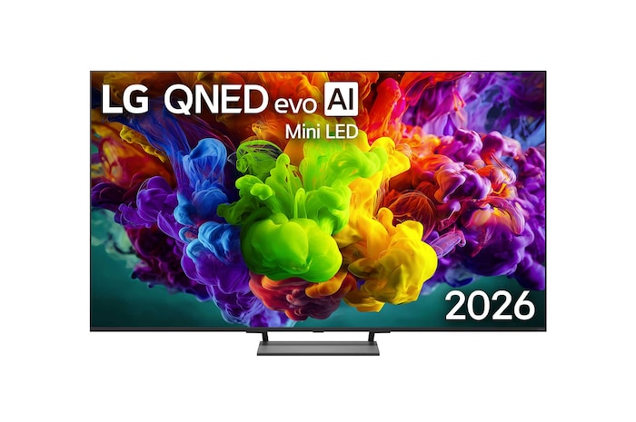 The front view of LG QNED evo AI QNED90 Mini LED, released in 2026, fills the screen with vivid, fluid bursts of multicolored, paint-like motion, as dense clouds of color blend seamlessly across the display.