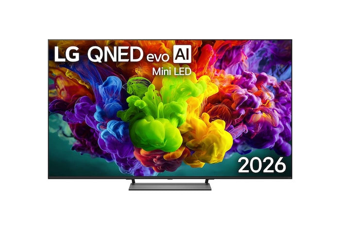 The front view of LG QNED evo AI QNED90 Mini LED, released in 2026, fills the screen with vivid, fluid bursts of multicolored, paint-like motion, as dense clouds of color blend seamlessly across the display.