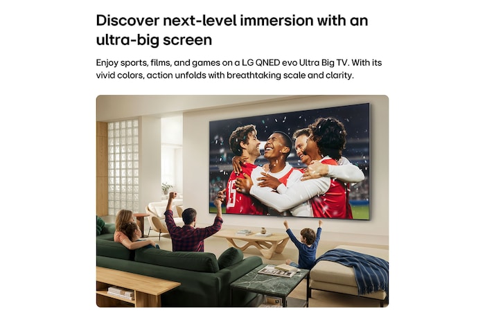 LG QNED evo AI QNED90 Mini LED Ultra Big TV wall-mounted in a bright living room shows a large-scale sports celebration with vivid colors and refined picture quality on a wide screen, while a family seated on sofas cheers together.