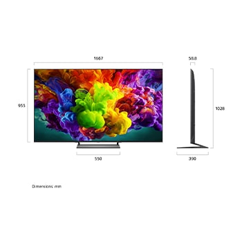 LG QNED evo AI QNED90 Mini LED shown in front and side views highlights a 75-inch display with a 1667 mm-wide screen, 955 mm screen height, 1028 mm height with stand, a 58.8 mm profile depth, and a stand footprint measuring 550 by 390 mm.