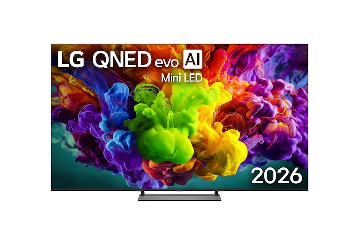 The front view of LG QNED evo AI QNED90 Mini LED, released in 2026, fills the screen with vivid, fluid bursts of multicolored, paint-like motion, as dense clouds of color blend seamlessly across the display.