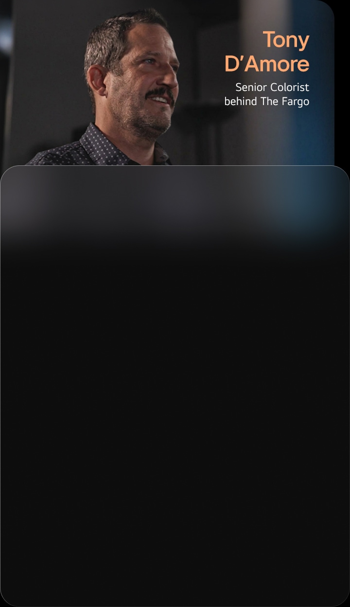 LG OLED evo TV features an interview card introducing Tony D’Amore, Senior Colorist behind Fargo, highlighting why filmmakers choose LG OLED evo and linking to the full interview video.