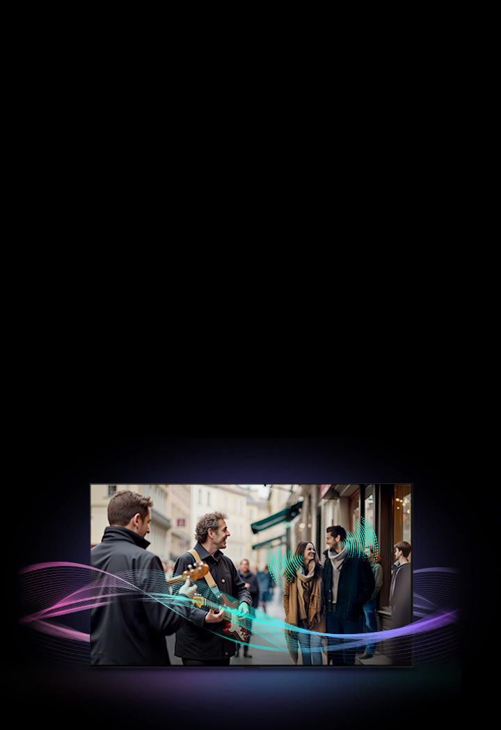 LG AI TV with AI Object Remastering Ultra shows two acoustic musicians performing on a street, where AI separates voices from background noise to deliver clearer music and more balanced, immersive audio.