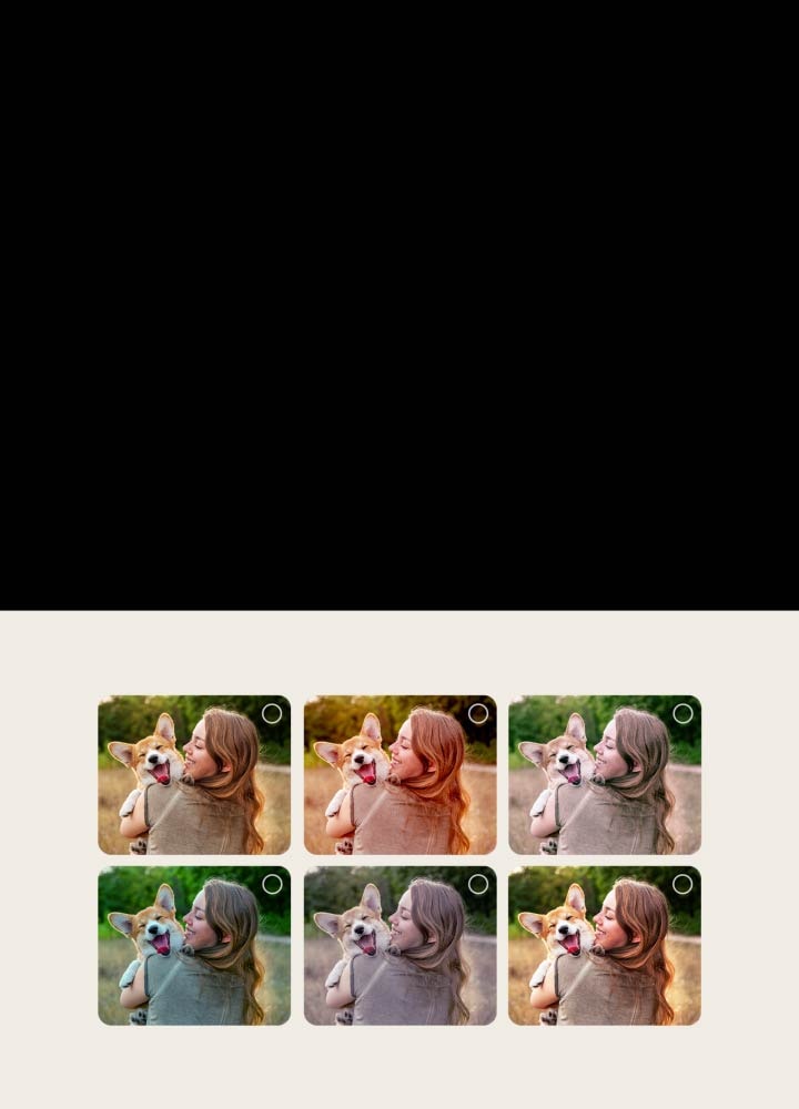 LG AI TV with AI Picture Wizard shows multiple versions of the same photo arranged in a grid, allowing users to select preferred options that guide the creation of personalized pictures on screen.