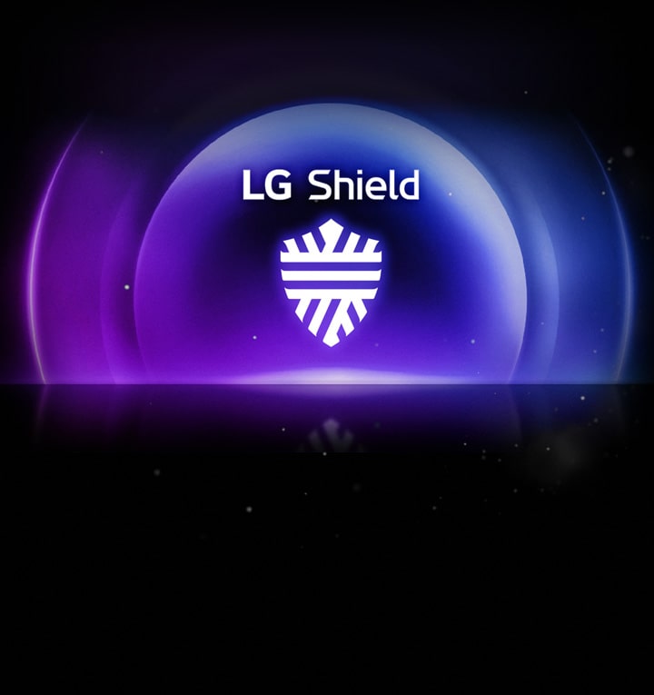 LG AI TV with LG Shield is represented with a shield icon inside a glowing spherical shape with purple and blue lighting effects on a dark background.