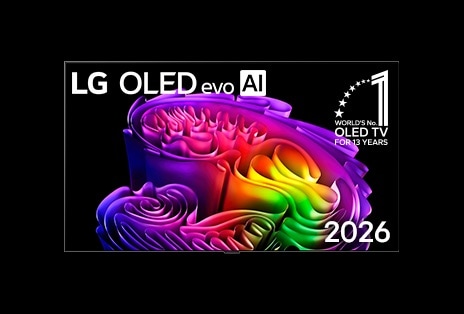 LG OLED evo AI G6, displaying a vivid, sculptural image of layered multicolored forms across the screen.