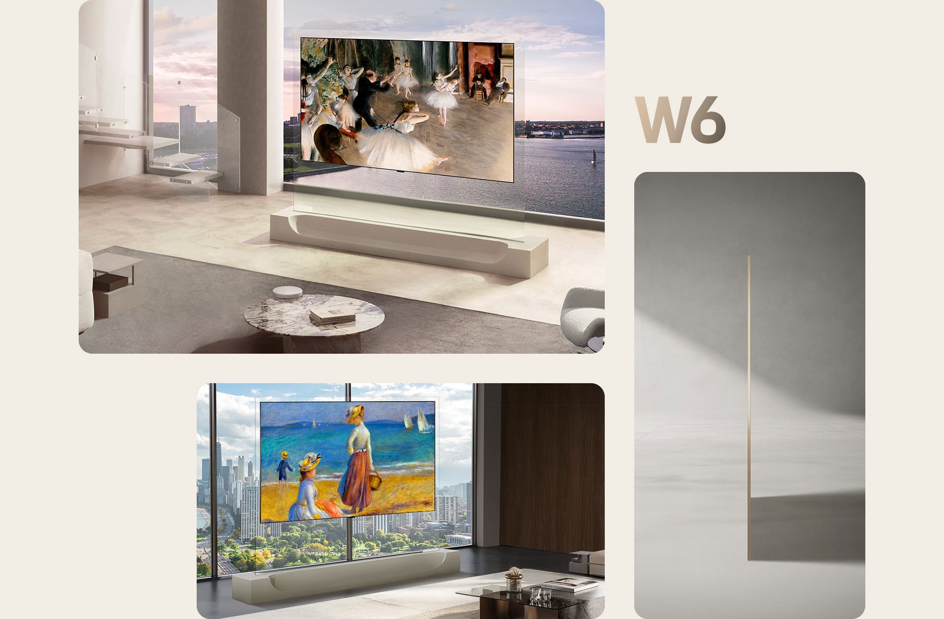 LG OLED evo AI W6 Wallpaper TV with a 9mm-class thin profile blends seamlessly into a modern high-rise interior, displaying artwork and landscape scenes, alongside a side profile view emphasizing its ultra-slim thickness.