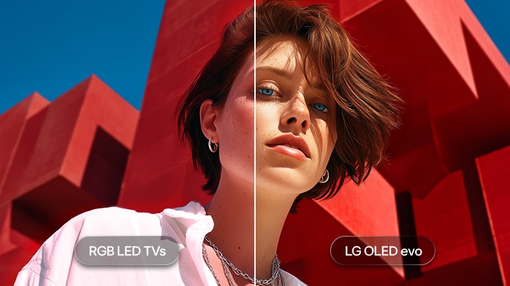 LG OLED evo TV displays a split-screen portrait as the background transitions through four colors—red, yellow, blue, and green—comparing RGB LED TVs with LG OLED evo to demonstrate consistent 100% Color Accuracy across every scene. LG OLED evo TV displays a split-screen portrait as the background transitions through four colors—red, yellow, blue, and green—comparing RGB LED TVs with LG OLED evo to demonstrate consistent 100% Color Accuracy across every scene.