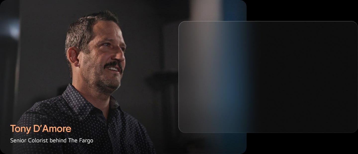 LG OLED evo TV features an interview card introducing Tony D’Amore, Senior Colorist behind Fargo, highlighting why filmmakers choose LG OLED evo and linking to the full interview video.