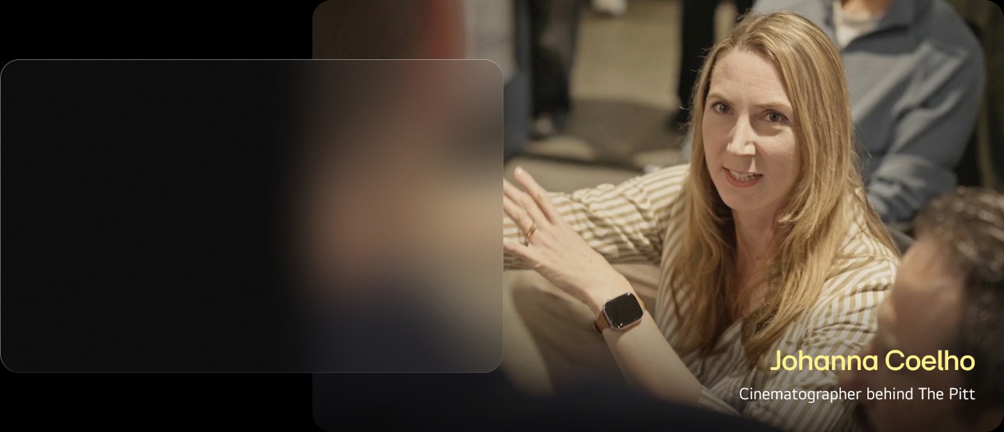 LG OLED evo TV features an interview card introducing Johanna Coelho, Cinematographer behind The Pitt, highlighting why filmmakers choose LG OLED evo and linking to the full interview video.