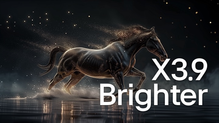 LG OLED evo TV powered by alpha 11 AI Processor 4K Gen3 shows a dark scene with glowing particles forming around a horse silhouette, delivering higher luminance, clearer detail, and up to 3.9x brighter peak brightness.