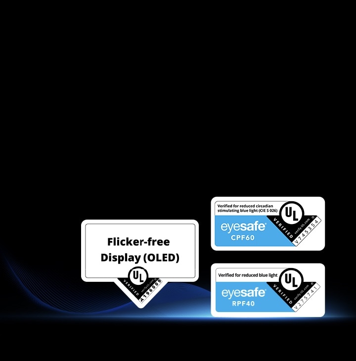 LG OLED evo TV highlights multiple certification badges, including UL verification for low blue light, flicker-free display, and Eyesafe certifications, indicating reduced blue light and comfortable viewing performance.