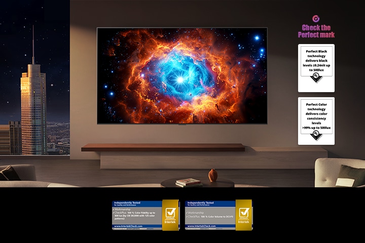 LG OLED evo TV shows a split-screen nebula scene comparing Anti-Glare Matte Display and Perfect Black & Color Display against a city skyline, delivering clear visibility whether it’s dark or bright, supported by UL and Intertek certifications.