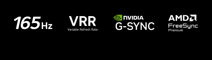 165Hz, VRR (Variable Refresh Rate), NVIDIA G-SYNC, and AMD FreeSync Premium logos appear against a dark background.