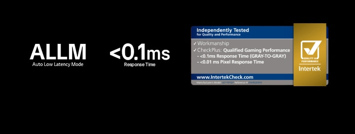 ALLM (Auto Low Latency Mode), <0.1ms response time, and Intertek certification badge appear against a dark background.