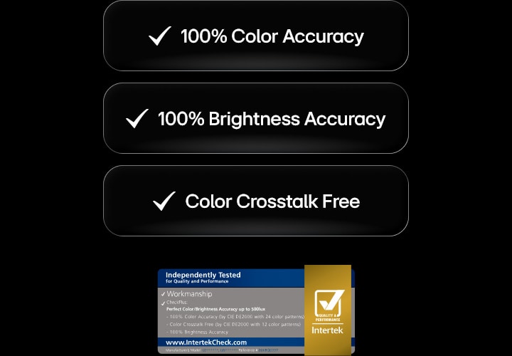 LG OLED evo TV showcases Intertek certification with badges highlighting 100% Color Accuracy, 100% Brightness Accuracy, and Color Crosstalk Free, demonstrating the world's first certified Perfect Color & Brightness Accuracy.