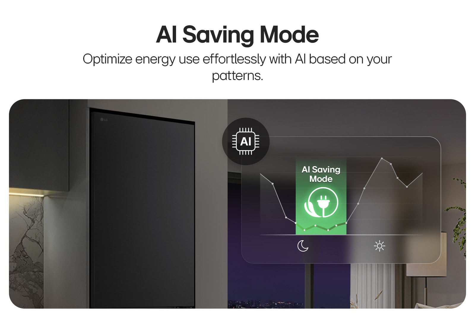LG bottenfrys i vardagsrum med nattvy över en stad med överlägg med grafik som visar AI-sparläge och ett diagram med energifluktuationer