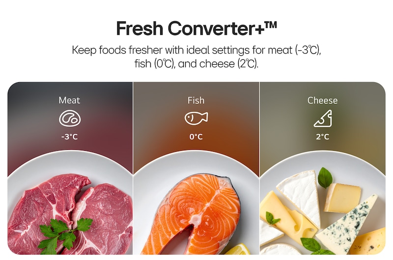 Till vänster finns kött med texten -3 °C, i mitten finns färsk fisk med texten 0 °C och till höger finns ost med texten 2 °C.