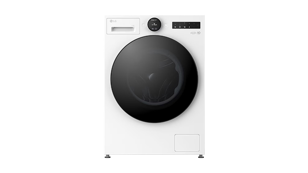 Vy framifrån av LG F4X7011TWS frontmatad tvättmaskin i vit finish	