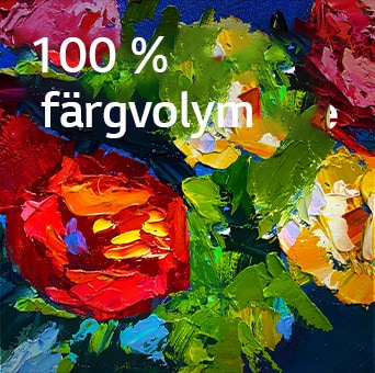 En LG Gallery TV AI med ram LX7 ART TV med Dynamic QNED Color visar en närbild av en målning med rik textur, där intensifierade röda, gula och gröna toner lyfter fram dess 100 % färgvolym och väcker konsten till liv.