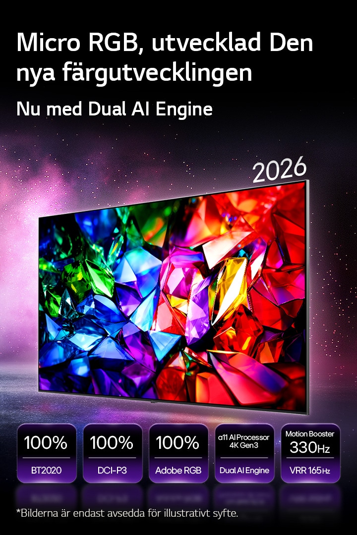 LG OLED evo AI G6, som drivs av Hyper Radiant Color Tech, visar en intensiv abstrakt bild av papperskonst på skärmen med ikoner för 3,9x ljusare toppljusstyrka, Perfekt svart, Perfekt färg, alpha 11 AI Processor 4K Gen3 Dual AI Engine och Reflection Free Premium.