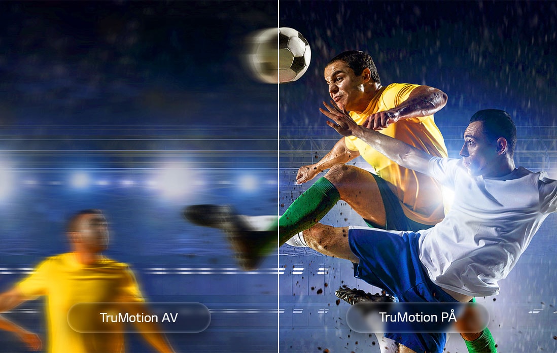 LG Mini RGB evo AI MRGB85 med TruMotion framhäver rörelseutjämning i en fotbollssituation på en delad skärm som kontrasterar suddig action med TruMotion Off och skarpa, tydliga rörelser med TruMotion On för att betona klarhet i sporter med högt tempo.