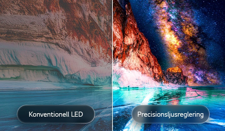 LG Mini RGB evo AI MRGB85 lyfter fram precisionsljusreglering genom en delad bild som jämför konventionell LED till vänster med djupare svärta och förbättrad kontrastdefinition till höger, drivet av alpha 8 AI-processorn.