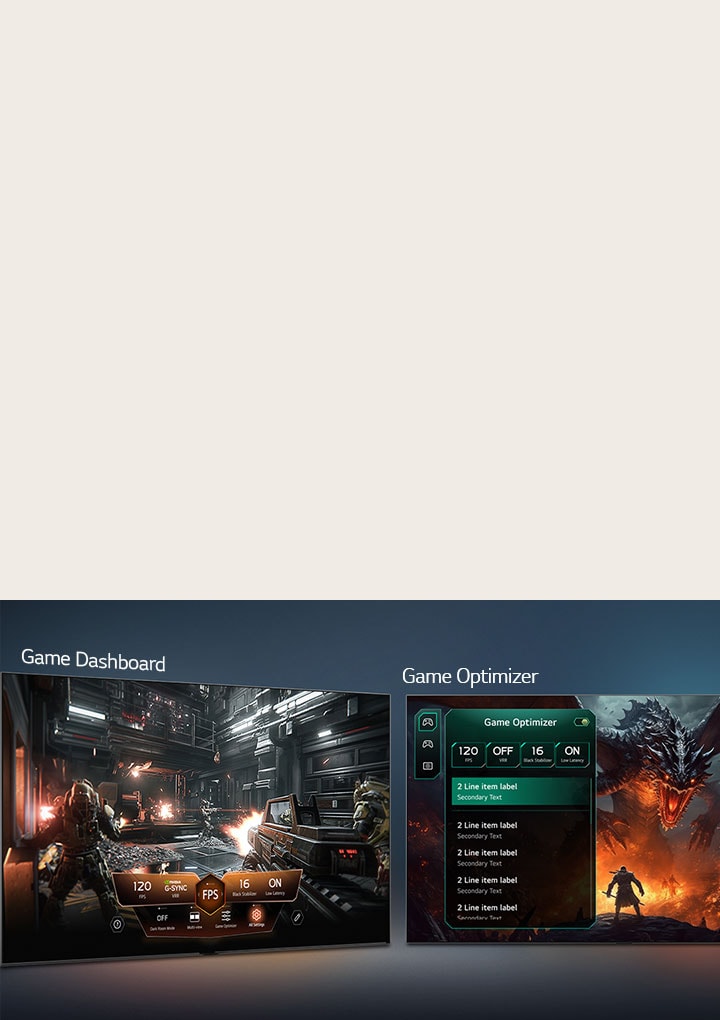 LG Mini RGB evo AI MRGB85 med Game Dashboard och Optimizer visar spelskärmar sida vid sida och en skärmmeny för justering av spelinställningar som uppdateringsfrekvens, latens och visuella lägen i realtid.