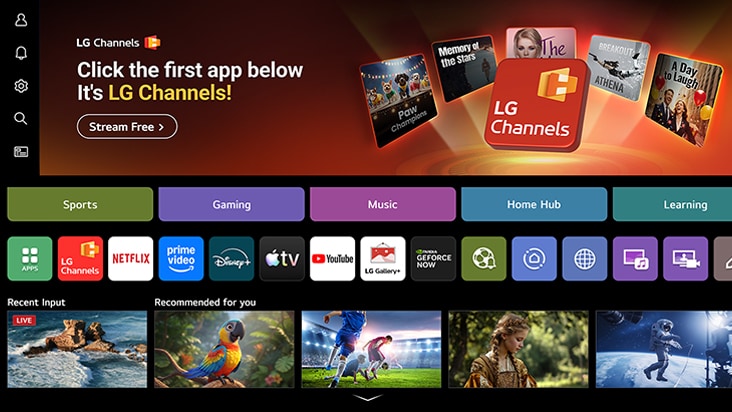 LG OLED evo AI G6-startskärmen navigerar in i LG Channels-gränssnittet och visar gratis live-TV-kanaler, filmer och exklusivt innehåll. Videon visar direkt tillgång till hundratals underhållningsalternativ.
