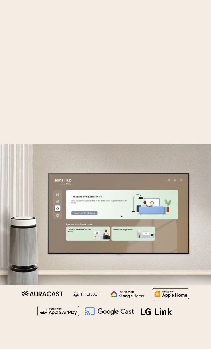 LG OLED evo AI G6 med Smart anslutning visar Home Hub-gränssnittet på skärmen och anslutningar till Google Home och LG ThinQ, med paneler för TV, enheter och appar i en enda kontrollayout. 