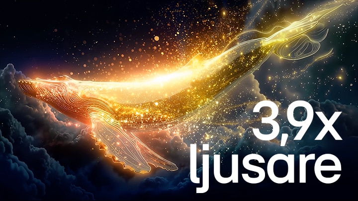 LG OLED evo AI G6 med Brightness Booster Ultra visar en mörk scen där lysande partiklar omger en valsiluett med upp till 3,9x ljusare toppljusstyrka med högre luminans och tydligare detaljer.