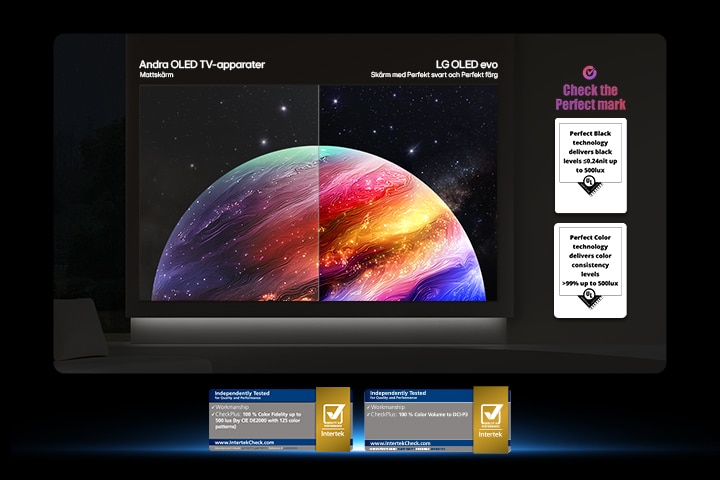 LG OLED evo AI G6 visar en delad skärm med en planet-och-stjärnscen och jämför en matt anti-glare-skärm med sin Perfekt svart och Perfekt färg-skärm för tydligare bildkvalitet oavsett belysning, med stöd av UL-certifiering och Intertek-certifieringar för färgnoggrannhet och reflektionsfrihet.