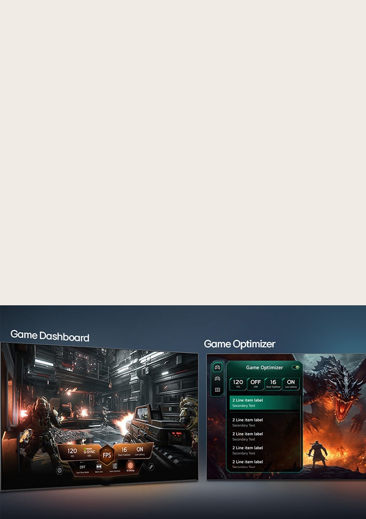 LG OLED evo AI G6 med Game Dashboard och Optimizer visar spelskärmar sida vid sida och en skärmmeny för justering av spelinställningar som uppdateringsfrekvens, latens och visuella lägen i realtid.
