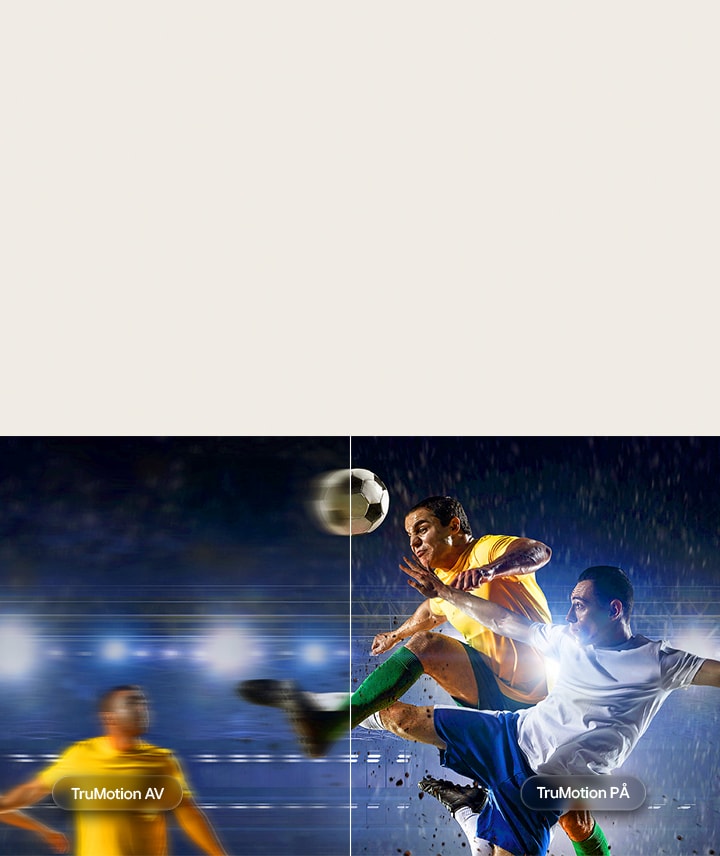 LG OLED evo AI G6 med TruMotion framhäver rörelseutjämning i en fotbollssituation på en delad skärm som kontrasterar suddig action med TruMotion Off och skarpa, tydlig rörelser med TruMotion On för att betona klarhet i snabba sporter.