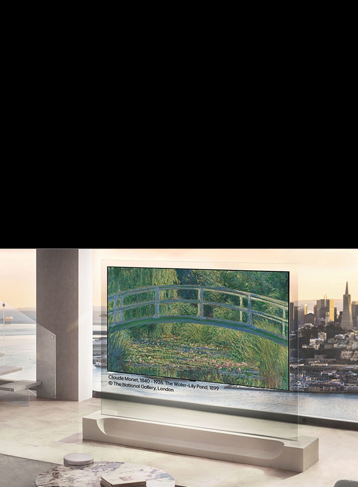 LG OLED evo AI W6 Wallpaper TV med LG Gallery+ Varierat konstinnehåll visar ett Vincent van Gogh-landskap på en väggmonterad skärm i ett vardagsrum i galleristil, tillsammans med en duk och ytterligare inramad konst i närheten.
