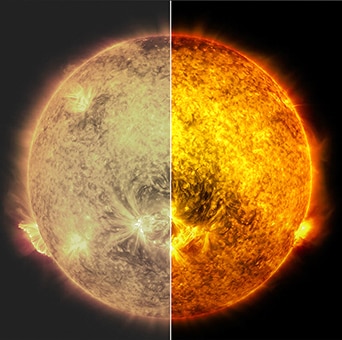 LG OLED AI B6E visar en delad bild av solen som jämför en matt anti-glare-skärm med sin Perfekt svart-skärm för tydligare bildkvalitet oavsett belysning.