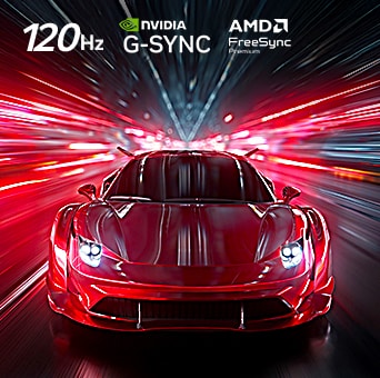 LG OLED AI B6E för en oslagbar spelupplevelse i 4K 120 Hz visar ett höghastighetsracingspel med en röd sportbil i rörelse, med NVIDIA G-SYNC- och AMD FreeSync™ Premium-logotyper som visas överst.